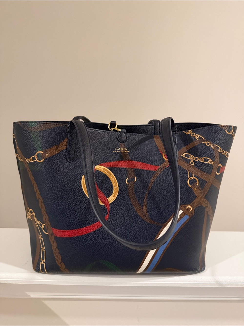 Ralph Lauren Navy Tote with Chain, Belt & Rope Print Design